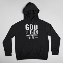 Load image into Gallery viewer, Wear this Hoodie with assurance, wear it like you mean it, wear it like you believe it, and be an inspiration. God 1st Then Everything Else unisex Hoodie Classic Hoodie, fits both men and women (women consider choosing a size down if a more fitted look is desired) Soft and lightweight, with front pouch, comfortable and flattering for all. 65% cotton, 35% polyester For Print Care: wash cold, turn inside out, gentle cycle mild detergent, no fabric softener