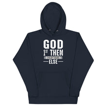 Load image into Gallery viewer, Wear this Hoodie with assurance, wear it like you mean it, wear it like you believe it, and be an inspiration. God 1st Then Everything Else unisex Hoodie Classic Hoodie, fits both men and women (women consider choosing a size down if a more fitted look is desired) Soft and lightweight, with front pouch, comfortable and flattering for all. 65% cotton, 35% polyester For Print Care: wash cold, turn inside out, gentle cycle mild detergent, no fabric softener