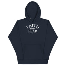 Load image into Gallery viewer, Wear this Hoodie with assurance, wear it like you mean it, wear it like you believe it, and be an inspiration. Faith Over Fear unisex Hoodie Classic Hoodie, fits both men and women (women consider choosing a size down if a more fitted look is desired) Soft and lightweight, with front pocket pouch, comfortable and flattering for all. 65% ring spun cotton, 35% polyester For Print Care: wash cold, turn inside out, gentle cycle mild detergent, no fabric softener